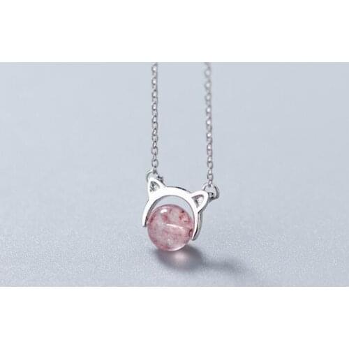 100% REAL. 925 Sterling Silver FINE Jewelry Natural Strawberry Quartz Stone into the Kitten cat Necklace pendant lovely GTLx1704