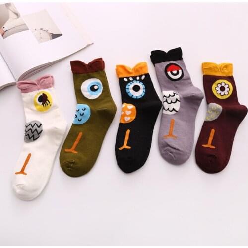 Socks Female Three-dimensional Cartoon Socks 2021 Spring Summer Autumn Big Eyes Owl Mid-tube Female Funny Socks Ruffle