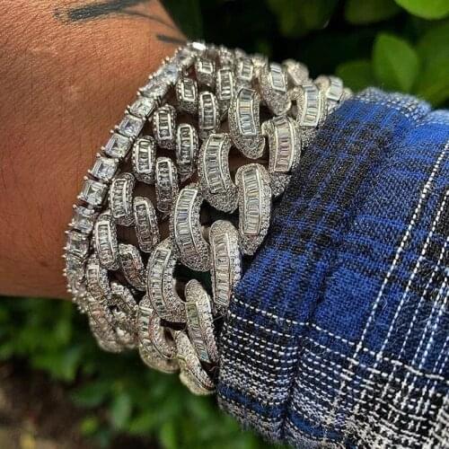 2021 New Hip hop Iced Out Baguette Cubic Zircon Bling CZ cool bracelet bangle for women men charm punk cuban chain party jewelry