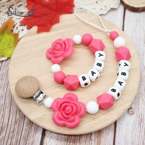 Personalize Nam Baby Teether Bracelet Food Grade Silicone Chews Nurse Gift Toys Flowers Teething Necklace Pacifier Clip Custom