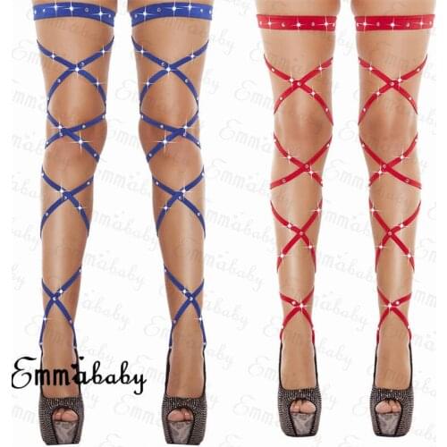 Sexy Women Lingerie Bandage Fishnet Stockings Thigh-High Crystal Studded Thigh High Leg Rave Wraps Strappy Rhinestone Tights