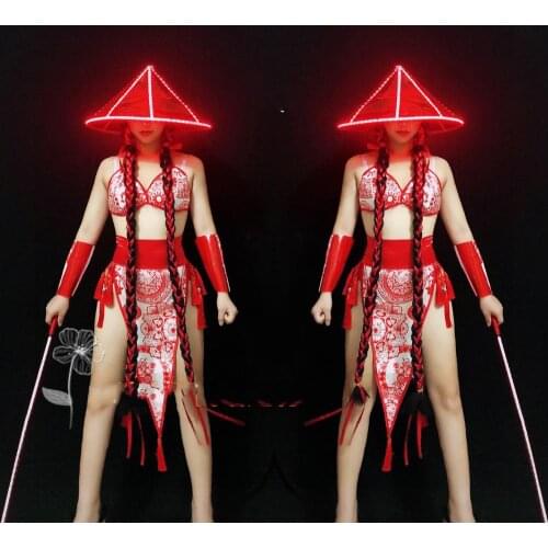 Chinese Style Sexy Performance Costume Women Nightclub Bar DJ Female Singer Stage Jazz Dance Costumes With Glow Hat DWY4644