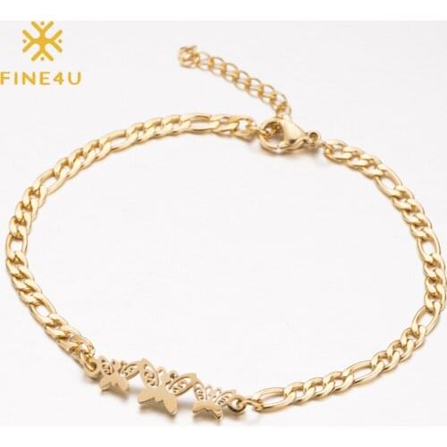 FINE4U B409 Butterfly Bracelets Bangles Stainless Steel Cuban Chain Bracelet Adjustable