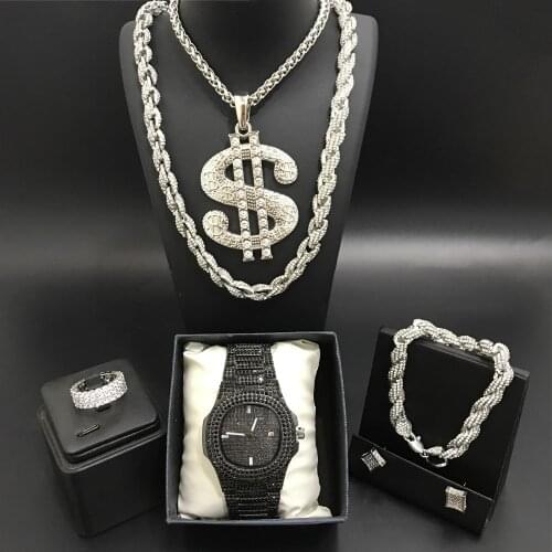Luxury Men Black Color Watch & Neckalce & Braclete & Ring & Earrings Combo Watch Set Ice Out Cuban In Crystal Hip Hop For Men