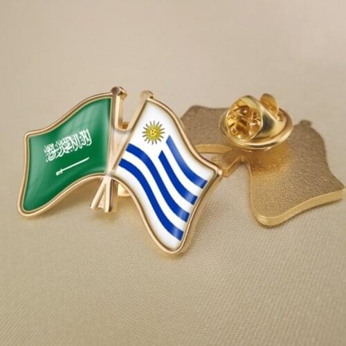 Saudi Arabia and Uruguay Crossed Double Friendship Flags Lapel Pins Brooch Badges