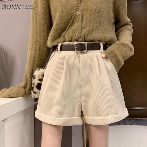 Shorts Women High Waist Sashes Corduroy Solid Apricot Simple Design Korean Style Stylish Elegant Soft Spring Female Outerwear