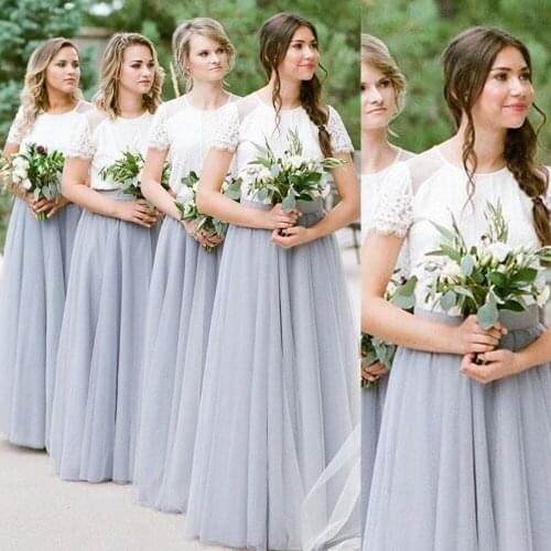 SuperKimJo Robe Demoiselle D'honneur Lace Bridesmaid Dresses Long 2020 Short Sleeve Silver Gray Wedding Party Dress
