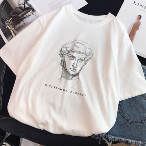Kuakuayu HJN Ulzzang Harajuku Funny Grey and White Drawing David Print Short Sleeve T-Shirt Unisex Loose Women T-Shirt