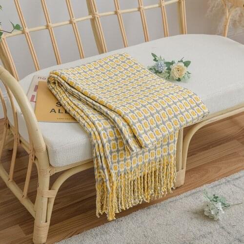 Yellow Knitted Throw Travel Blanket Grey Black Grey Sofa Throw Blanket Tassels Air Condition Blanket Diamond Acrylic 130x150cm