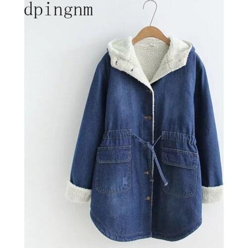 Autumn Winter New 2018 Women lambswool jean Coat With 2 Pockets Long Sleeves Warm Jeans Coat Outwear Wide Denim