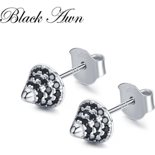 Black Awn 2020 New 925 Sterling Silver Jewelry Engagement Bullet Stud Earrings for Women Black Spinel Female Earring I033