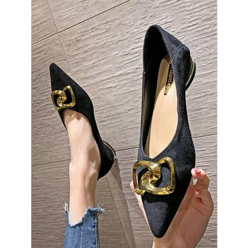 Womens shoes pointed toe spring 2021 new suede metal buckle bow thick heel low heels