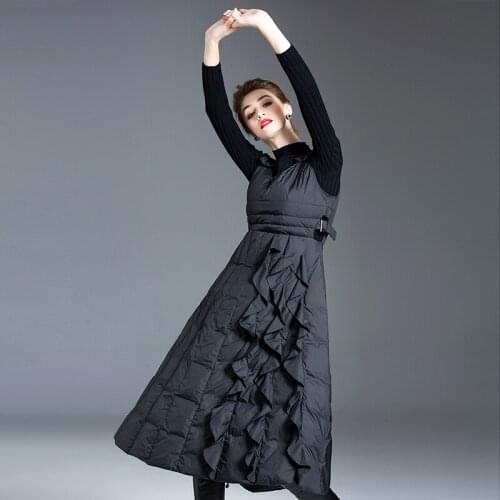 Winter Down Coats Dress Long Women Black Sleeveless Dresses Caramel Ruffle Design Slim Velcro Warm And Light Female Clothes