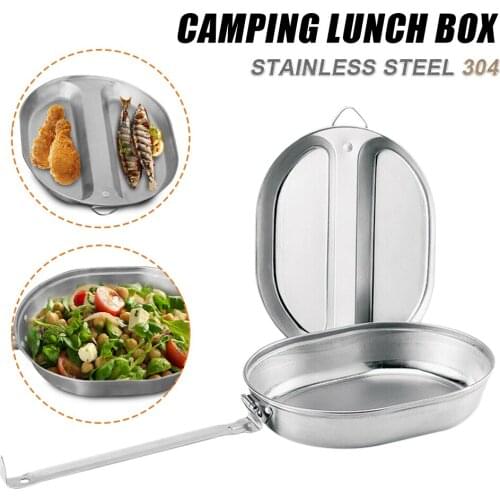 2 In 1 Frying Pan And Plate Camping Mess Kit Outdoor Travel Stainless Steel Cookware Military Cooking Pan Box Camping Accessorie