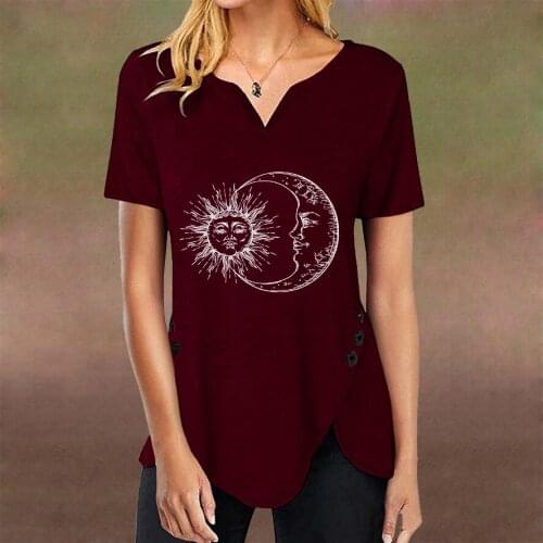 2021 Women Casual Fashion T-shirt Sun Moon Print Loose V-neck Short Sleeve Button Irregular Tshirt Summer Tops New Plus Size 5XL