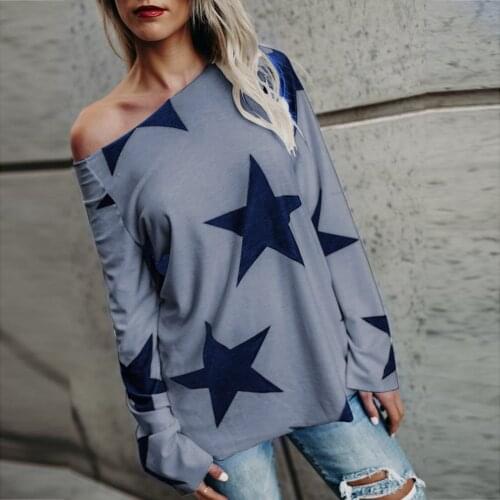 40# Star Printed Long Sleeve Blouses Women Tops Cold Shoulder Blouse Women Oversize Loose Casual Blouses And Shirts Blusas