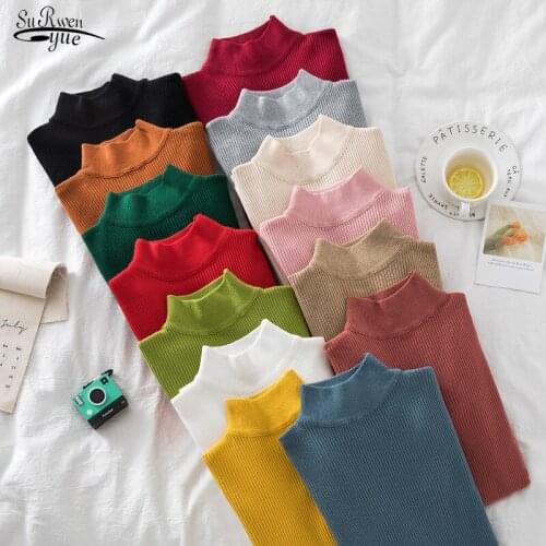 Half High Collar Jumper Sweaters Pull 2021 Autumn Winter Knitted Sweater Women Long Sleeve Slim Sweater Pullover Solid 17043