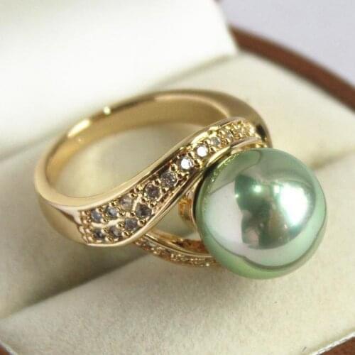 Elegant ladys 18KGP with crystal decorated &12mm green shell pearl ring(#7 8 9 10)