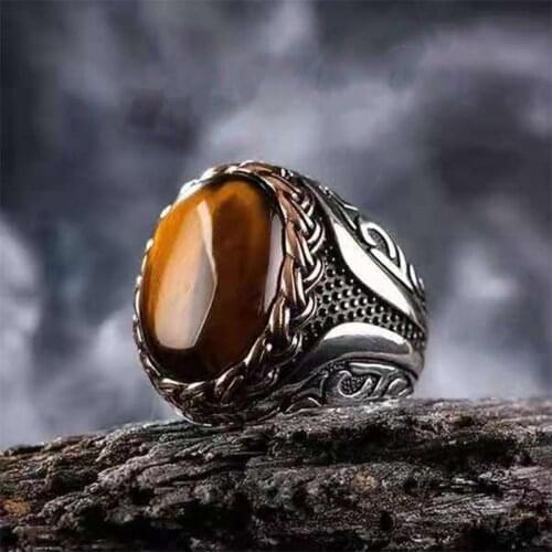High Quality Yellow Tiger Stone Braided Striped Rings For Men Punk Mortorcycle Biker Party Trendy Mens Ring Male Jewelry Gift