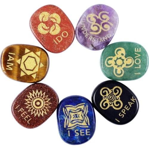 TUMBEELLUWA Healing Crystal 7 Chakra Stone Engraved English Symbol Polished Palm Stone Reiki Balancing, Set of 7