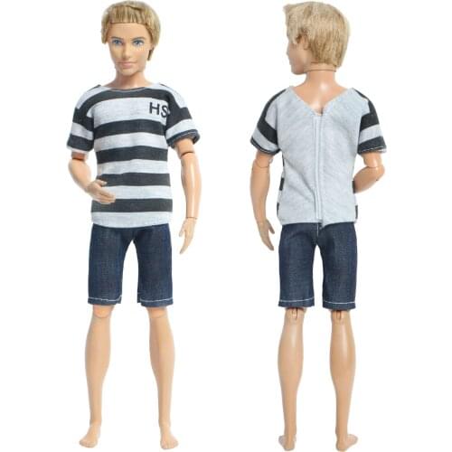 Fashion One Set Men Outfit Stripe Pattern Casual Wear T-Shirt Short Pants Jeans Summer Clothes for Ken Doll Accessories DIY Toy