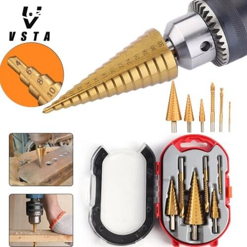 6Pcs HSS Steel Titanium Step Drill Bit Set 4-12/20/32mm Metal Hole Cutter Wood Cone Core Drilling Hole Saw Tool+3,6,8 Saw Drill