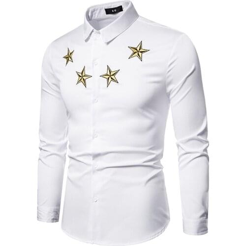 New Mens Long-sleeved Slim Five-pointed Star Embroidery Shirt Casual Nightclub Mens Uniform Dress Shirts Homme Men Clothing