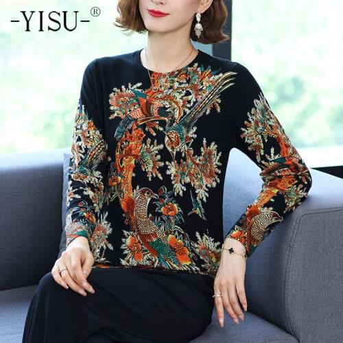YISU New Spring Autumn Fashion Women Wool Sweater O-Neck Knitted pullove tops Female Casual Bird Printing Jumper Woman clothing