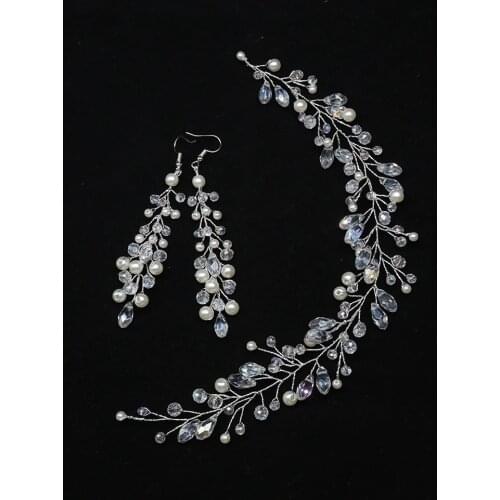 Trendy Wedding Women Headdress Earrings Set Crystal Pearls Headband Silver Hair Vine Banquet Prom Bridal Hair Accessories