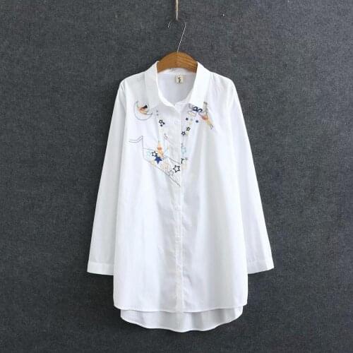 Plus size Simple embroidery white cotton long women shirts 2021 new spring autumn casual ladies soft blouse sky blue tops female
