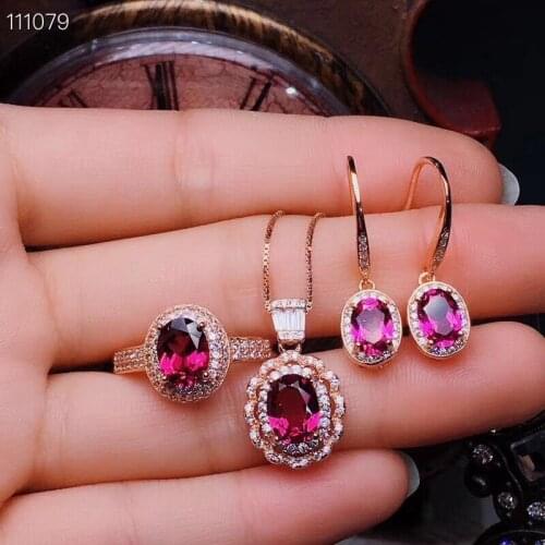 Natural garnet jewelry set 925 sterling silver Set is 1pc ring,1pc pendant,1pair stud earrings gems