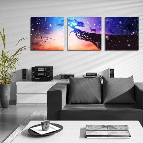 Modern Dreamy Star Sky Scenery Canvas Art Painting Elk Animals Posters and Prints Boys and Girls Bedroom Decoration Wall Picture