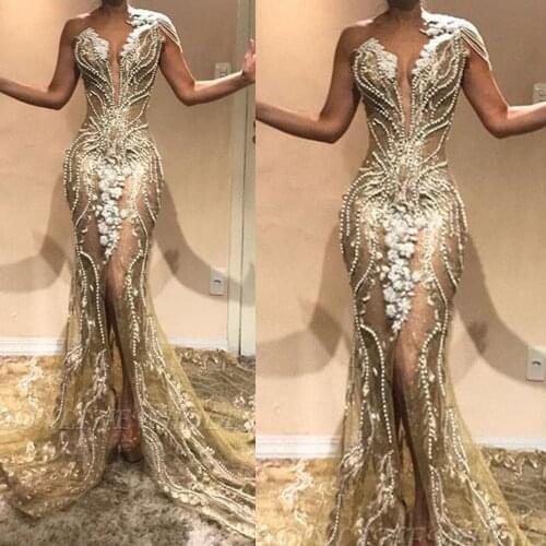 Champagne prom dresses 2019 deep v neck pearls hand made flowers front slit sexy evening dresses gowns arabic