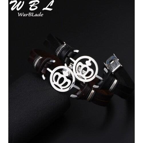 WBL New Fashion Crown Stainless steel Black Bracelet Bangles Genuine Leather Bracelet For Women Men Wristband Charm Jewelry Hot