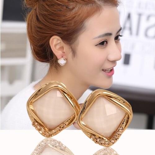 Square bright resin inlay Gold-color stud earrings & high quality Two kinds of color Womens classic style of fashion jewelry