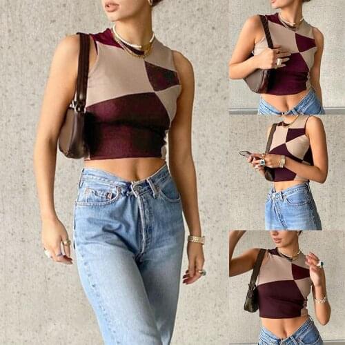 Womens Vest Summer New Contrast Color Stitching Sleeveless Fashion Simple Top Brown