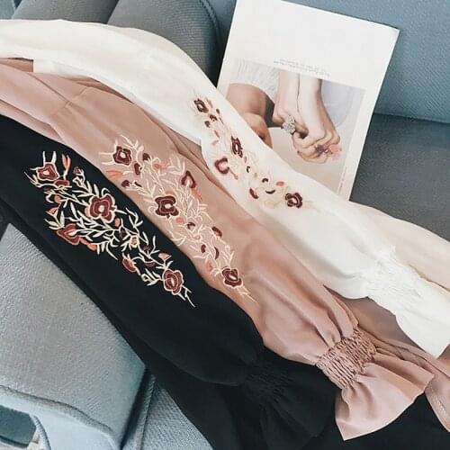 Summer Kimono Cardigan Korean Flare Sleeve Long Shirt Beach Long Blouse Fashion Design Women Floral Embroidery Chiffon Blouse