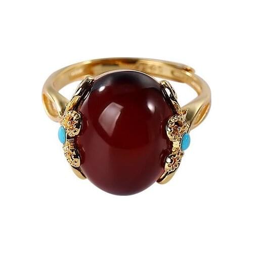 S925 sterling silver gold plated Natural Amber Blood Amber Ring Personality Love Egg noodles Ladies Open ring