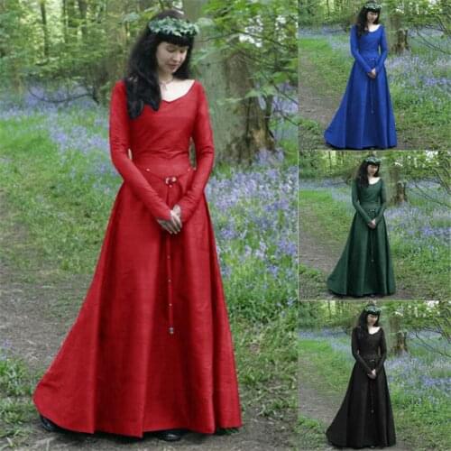 Halloween Renaissance Women Dress High Quality Cosplay Party Costumes Sexy Long Horn Hollow Sleeve Off Shoulder Solid Color