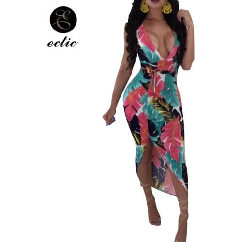 Leaf Palm Bare Back Dress Irregular Women Deep V Sukienka Thigh Split Bandage Dresses 2021 Robe Femme Ete Floral Print Sundress