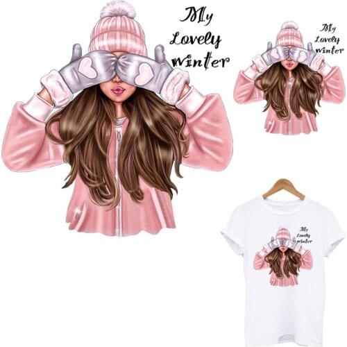 My Love Winter Girl Patches For Clothes DIY Washable Thermal Sticker On Clothes Pink Girl Applique Decoration Accessory Patch