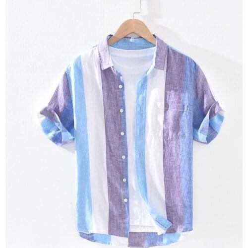 100% Linen new style short sleeve summer shirts men casual breathable striped shirt men chemise camisa tops mens clothes