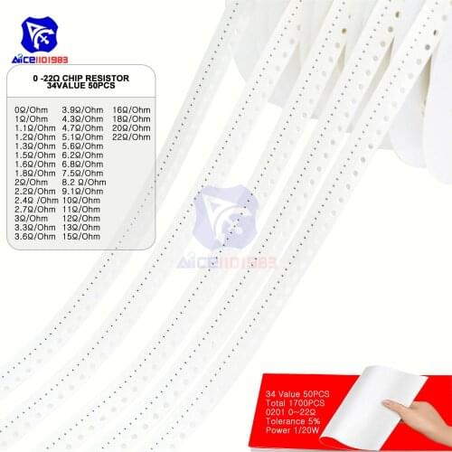 1700PCS/Lot 34 Value 50PCS 0201 Chip SMD Resistor 0R -10MΩ/Ohm 5% 1/20W 0.05W Chip Resistance Assorted Set Chip Fixed Resistor