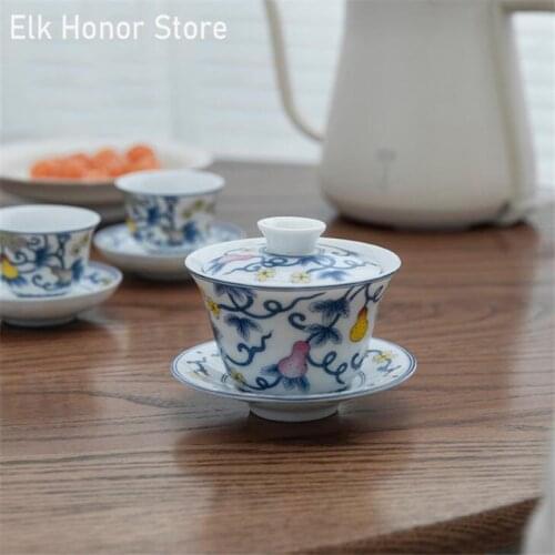 175ml Blue And White Ceramic Three-only Cover Bowl Doo Color Gourd Tea Bowl Kungfu Tea Set New Chinese Tea Bowl Pu'er Tea