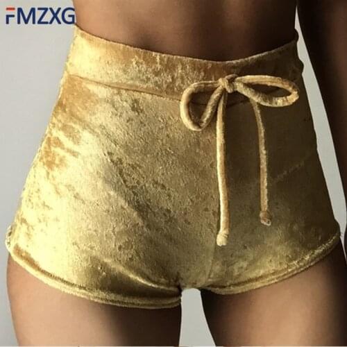2018 Summer Women Gold Velvet Sexy Elastic Fold Sweatpants Shorts Fashion High Waist Lace Up Shorts Mini Skinny Joga Hot Shorts