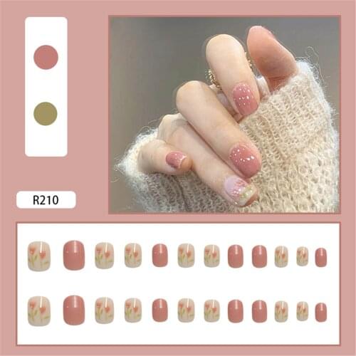 High Quality 24pcs Pink Flower Design Wear Short Paragraph Fashion Manicure Patch False Nails Save Time Wearable Nail Patch