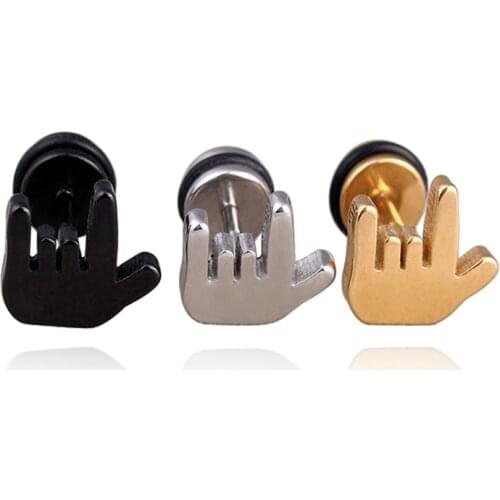 Alisouy 2 pieces Mens Punk Cool Stainless Steel I Love You Finger Hand Ear Studs Earrings fashion ear jewelry for men women