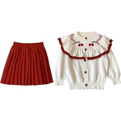 DFXD 2PC Toddler Girls Clothing Sets Autumn Fashion Cherry Embroidery Ruffles Cardigan+Pleated Skirt Outfit Toddler Clothes Set