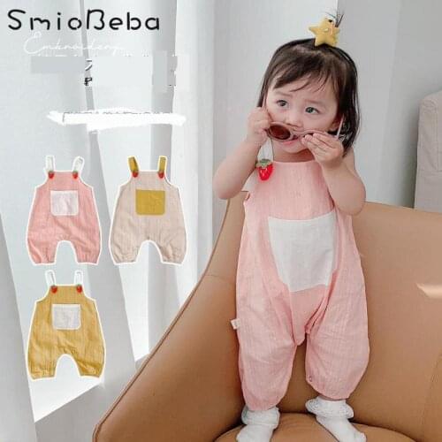 Baby Girls Clothes Birth Rompers Set Strap Summer Newborn Linen Big Pocket Jumpsuit Korean Thin Loose Pants Childrens Overalls