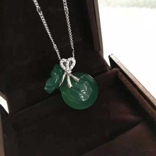 Natural jade blessing bag Pendant 925 Silver Necklace Green Agate